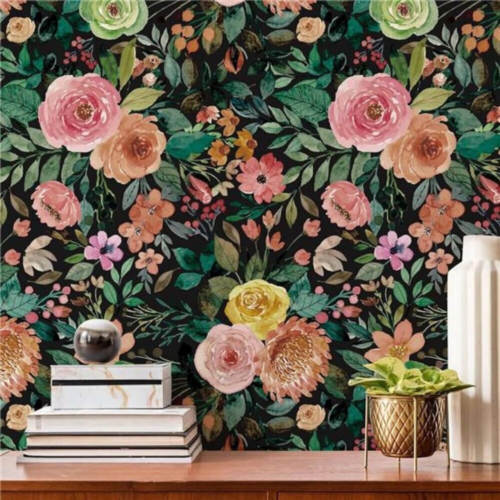 Boho Peel and Stick Wallpaper Dark Floral 17.3" x 120"